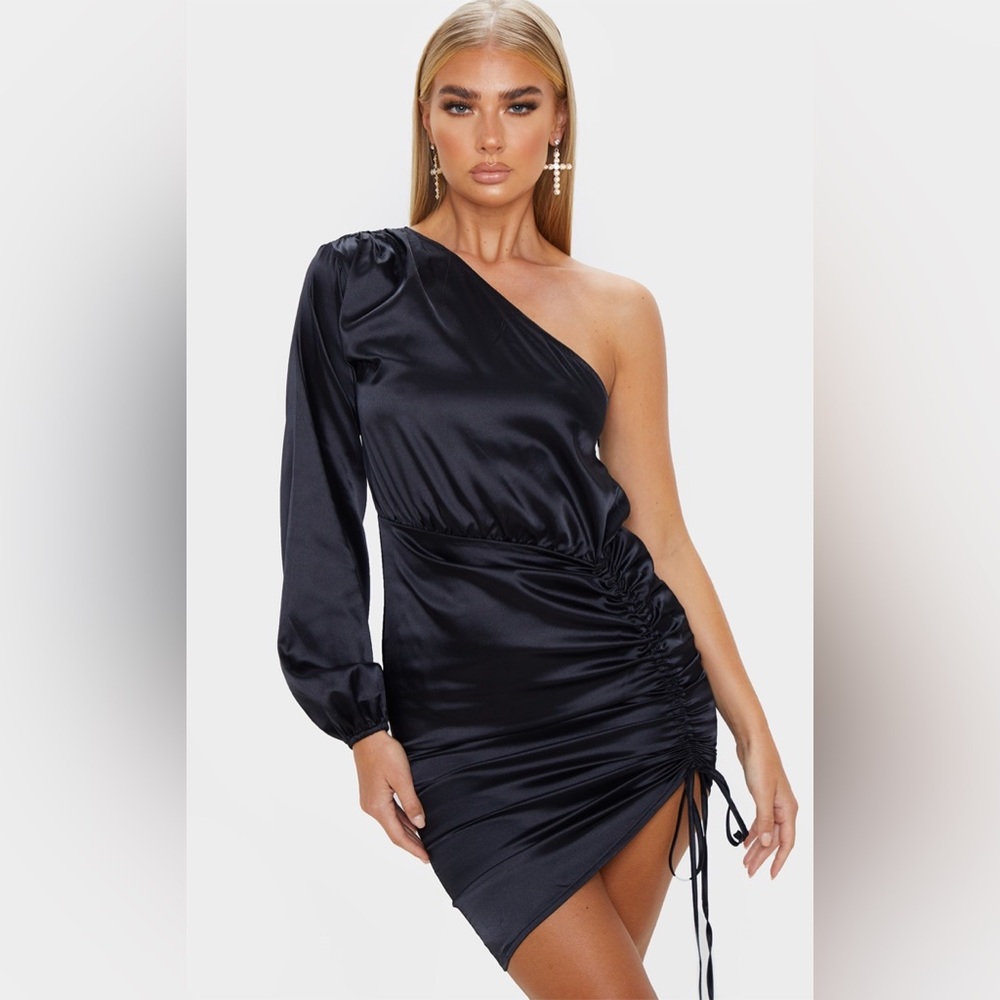 PrettyLittleThing black one shoulder ruched satin dress